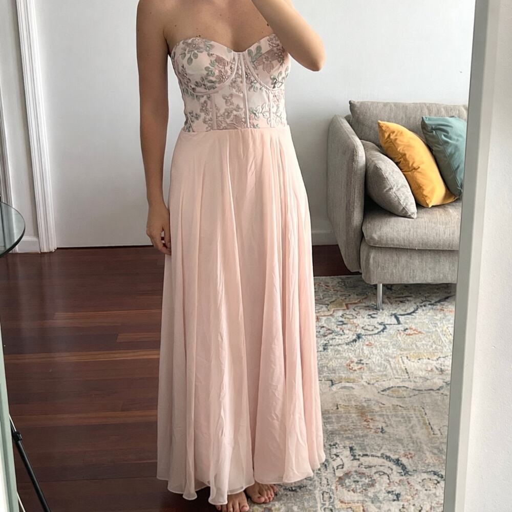 Dessy Collection Floral Embroidered Strapless Corset Gown Maxi Dress 14 pink